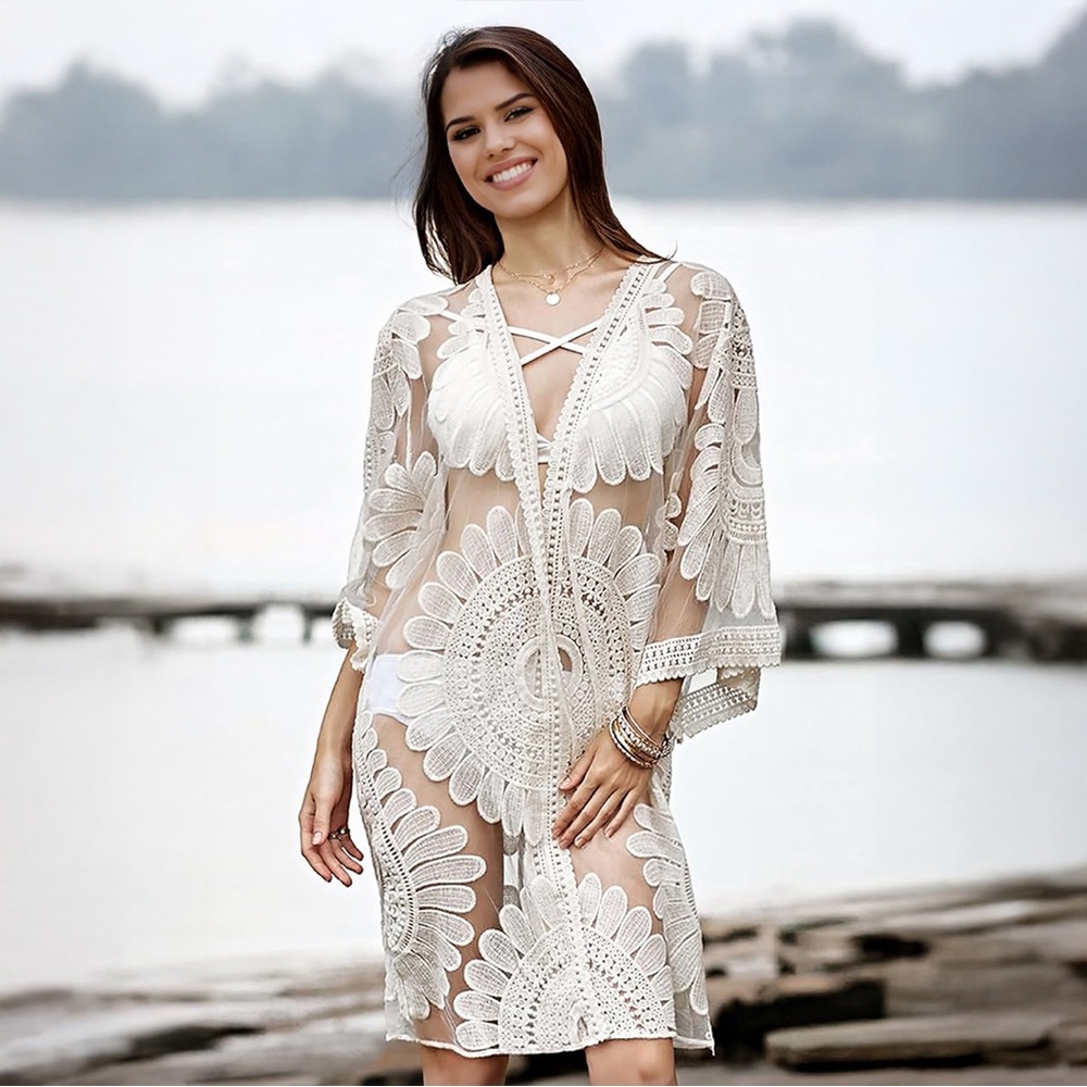 Floral Beige Embroidered Beach Cover-Up Kimono